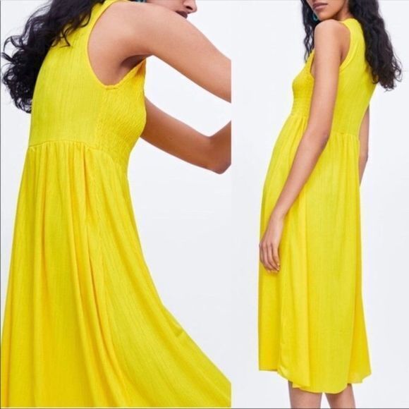 NEW ZARA SMOCKED MIDI DRESS SUNDRESS YELLOW SIZE L - Picture 3 of 4
